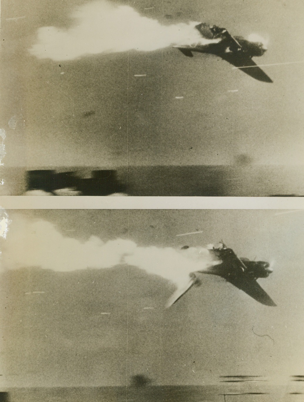 Attack, 1/4/1944. Roaring overhead on their deadly mission, six bloodthirsty Jap Torpedo planes were attacking a U.S. carrier during the December raid on the Marshall Islands when this sensational series was made.  Enlargements from a movie film made by U.S. Navy cameramen, this sequence tells what happened when one of the six attackers made her pass at the American flattop.New York BureauScoring at last, the carrier’s ack-ack crew finds a vulnerable spot, hitting the enemy attacker on the wing, the crew sees a sheet of flame stream from the plane.  In bottom photo, the Torpedo bomber yaws and its wing drops off.Credit Line (Official U.S. Navy photo from ACME);