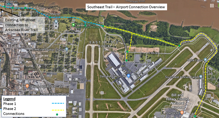 Map of the proposed alignment of the Southeast Trail from Heifer to the Little Rock airport.