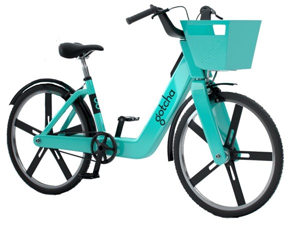 Stock photo of a Gotcha pedal-assist bikeshare bike.