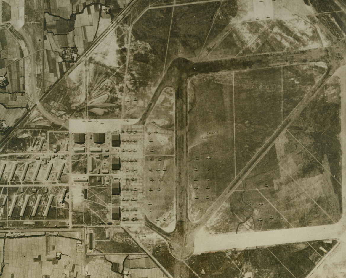 Yanks Hit Japs at Home – (#1), 12/16/1943. Washington, D.C. – This photo, just released in Washington, shows the Japanese Shinchiku Airdrome on the island of Formosa, before it was blasted by fighters and bombers of the U.S. Army 14th Air Force, during a raid on Thanksgiving Day, 1943.  This marks the first time Japanese island bases have been struck from China proper, where the Allies now have bases. (Also see Acme photo #W707378). Credit: U.S. Army Air Forces photo from ACME;