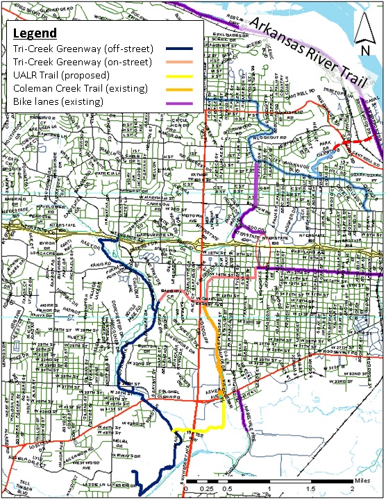 UALR Trail in the context of Little Rock bike network connectivity