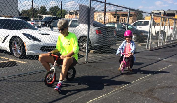 League Cycling Instructor Coreen Frasier teaches a learn to ride class.