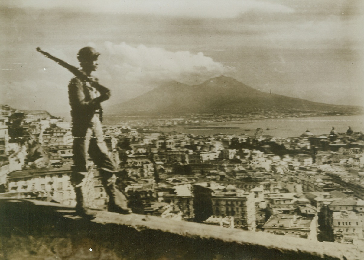 All’s Quiet, 10/8/1943. NAPLES, ITALY – All’s quiet in Naples now, but the Italian city is still in a critical condition, left without water, electricity or gas. This tranquil view of Naples was taken at an American sentry’s hilltop post.Credit (U.S. Signal Corps Radiotelephoto – ACME);