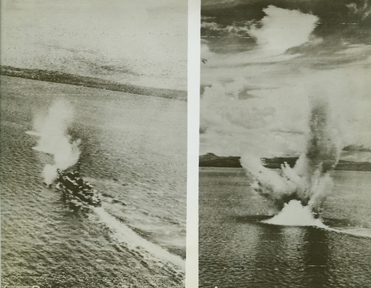 THREE STRIKES AND OUT, 10/22/1943. SOUTH PACIFIC—Yank B-25 Mitchells score near misses on a Jap corvette (left), which tries frantically to dodge the death from the sky. In the right hand photo, the enemy ship disappears amid a terrific explosion as a 1,000-pound bomb scores a direct hit. The action takes place near Rabaul;