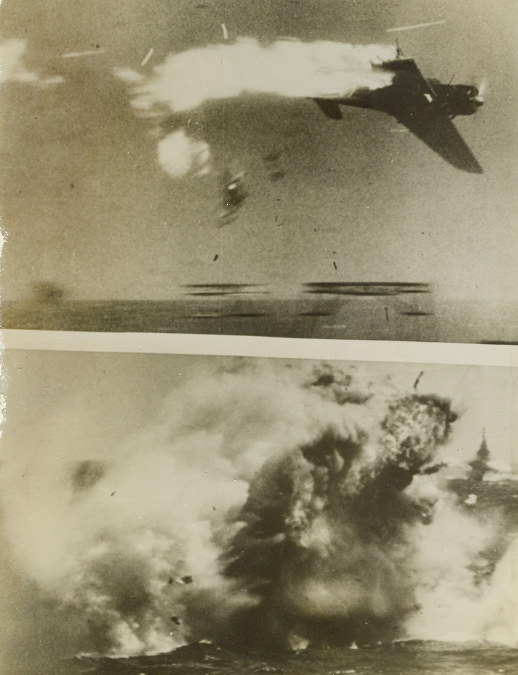 No Title. 1/4/1944. Blazing a trail of flame across the sky, the stricken airship, minus one wind, noses down toward the sea.  In bottom photo, the bomber has disappeared into the water, leaving only a thick, black cloud of smoke to mark its grave.  In the background a U.S. destroyer speeds to the scene of the plane’s end.Credit Line (Official U.S. Navy photo from ACME);