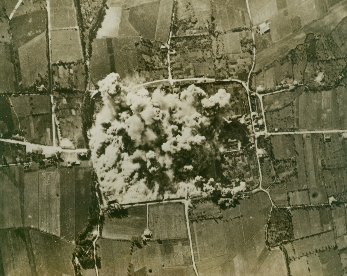 Sample of American Precision Bombing (2), 2/16/1944. ALIFE, ITALY – The target area clearly marked by roads that wind about Alife, Yank bombs raise clouds of smoke as they fall in a tight cluster on their objective. B-26 Marauders of the U.S.A.A.F. gave this impressive showing of their adeptness at precision bombing in the raid of October 13, 1943, before Alife fell to the Allies. Credit (U.S. Army Air Forces Photo from Acme);