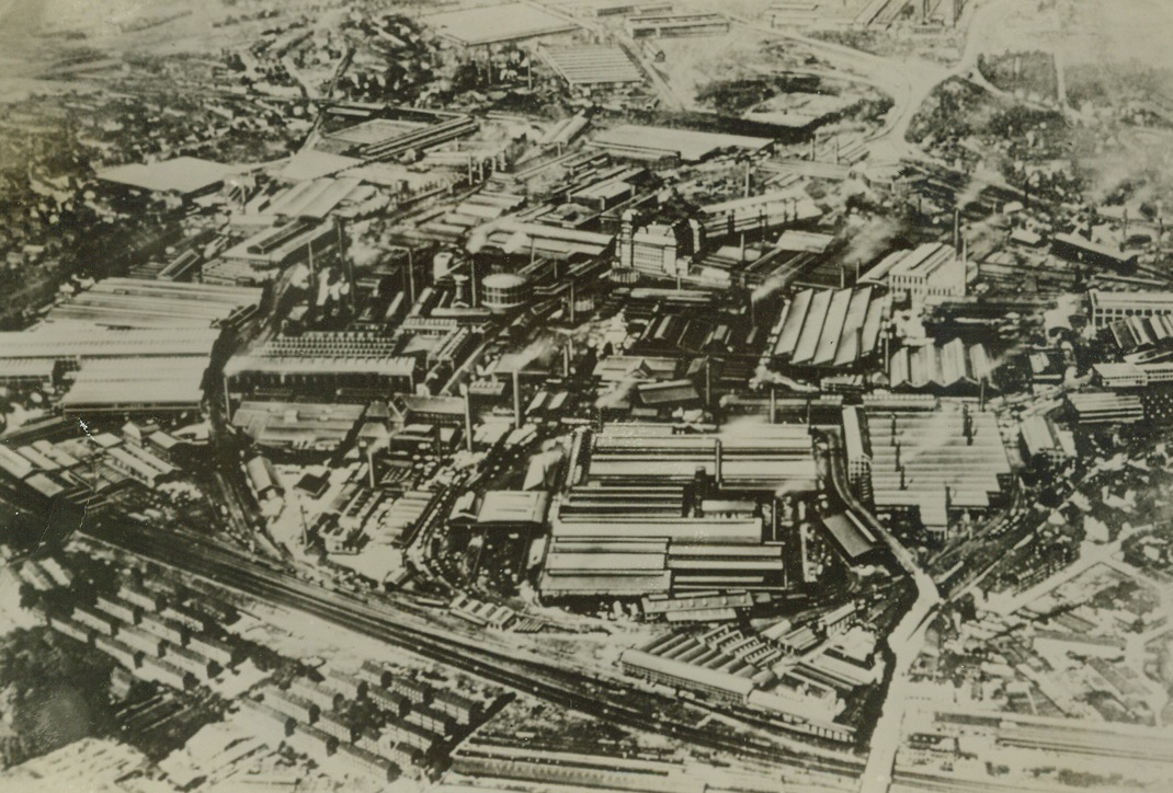 In Ninth Army’s Path, 3/5/1943. Here is an airview of much-bombed Essen, showing Germany’s vital Krupp works, railroad center and utilities. The great Ruhr industrial city lies in the path of the U.S. Ninth Army, now that Yanks of that fighting force have driven across the Rhine.Credit: (ACME);
