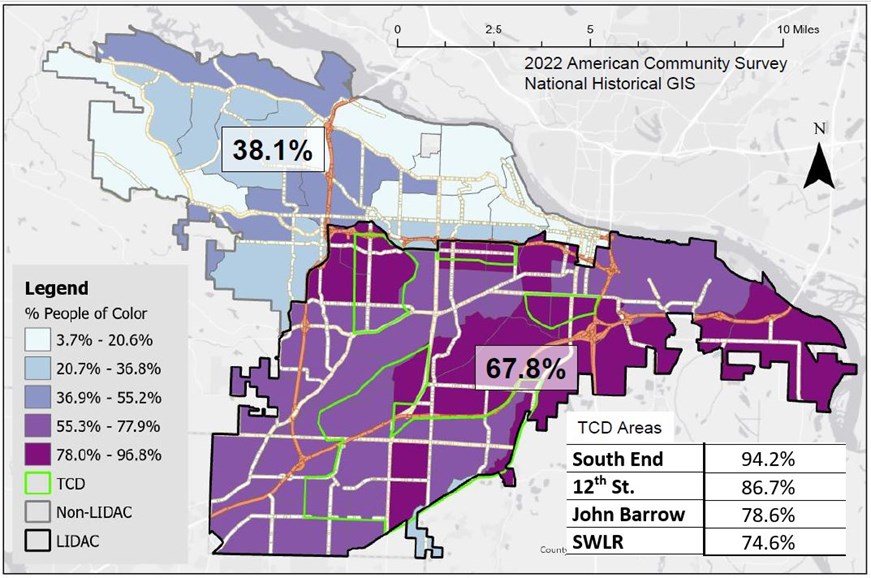 Map of Little Rock census tracts showing the spatial pattern of race.