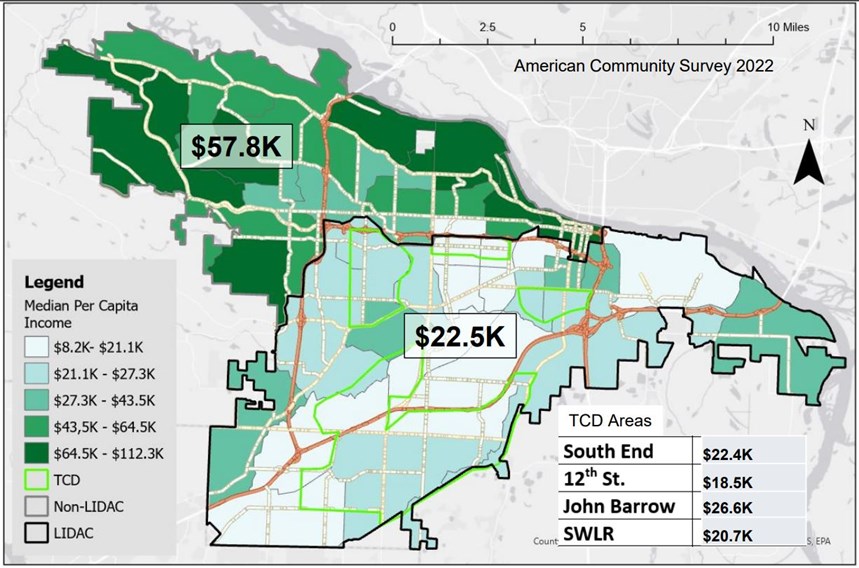 Map of Little Rock census tracts showing spatial distribution of median per capita income