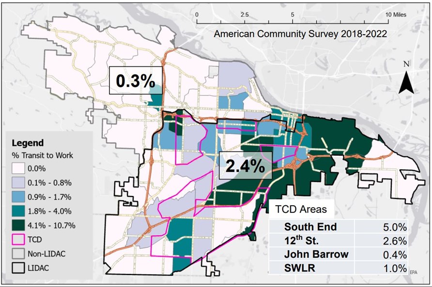 Map of Little Rock census tracts showing the spatial distribution of people taking the bus to work.