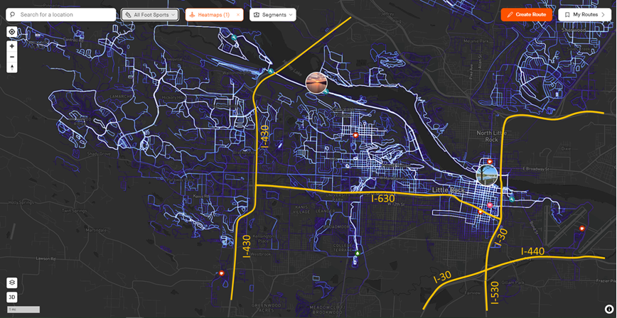 Strava heatmap of pedestrian sports in Little Rock.