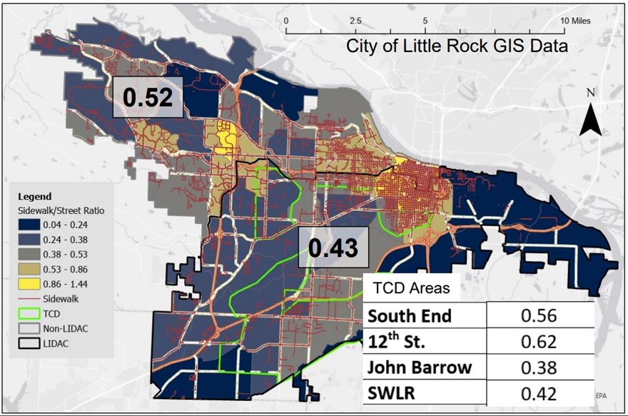 Map of the City of Little Rock showing that there are fewer sidewalks per street mile south of I-630 vs. north of I-630.