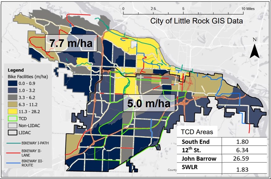 Map of the City of Little Rock indicating that areas south of I-630 has less bike infrastructure than areas south of I-630.