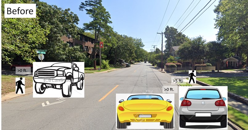 Google streetview illustrating how bike lanes protect pedestrians on sidewalks and parked cars. Again, no green would appear on the streets. Green is just used here to make it easier to see where the bike lanes are.
