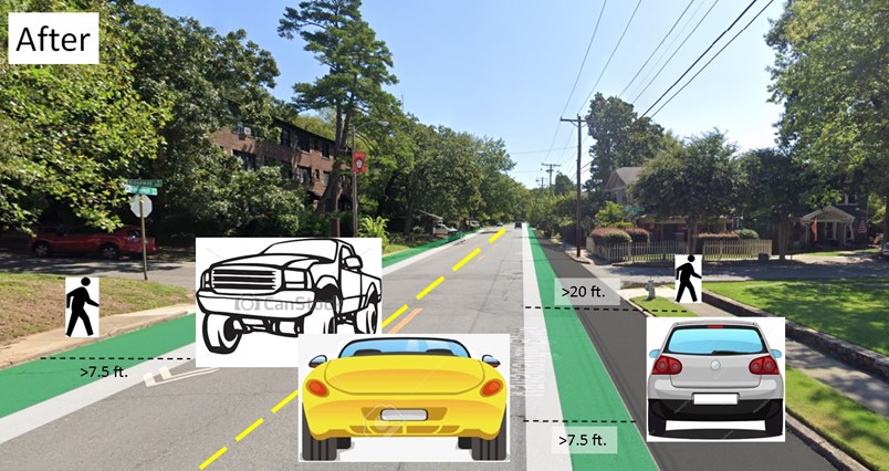 Google streetview illustrating how bike lanes protect pedestrians on sidewalks and parked cars. Again, no green would appear on the streets. Green is just used here to make it easier to see where the bike lanes are.