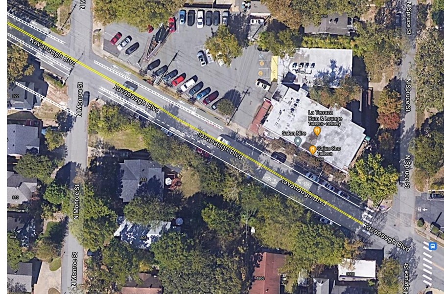 This is the revised proposed lane configuration between Spruce and Pine. Parking is retained along the entire block on the south side and retained on the north side immediately in front of Hillcrest Square. Bike lanes start midblock and continue west.