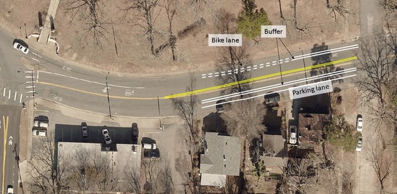 Concept for Kavanaugh bike lanes on Block 19 between N. Jackson and Van Buren.
